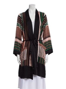 WARM Striped Multicolor Satin Kimono Wrap - Black, Rust & Green